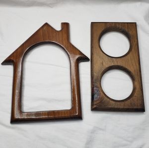 Two Vintage Wooden Picture Frames House and Double Circle Boho Eclectic